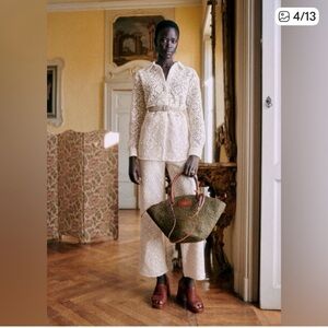 NWT Sezane Fausto size 6 Cotton Crochet Lace Knit Wide Leg Trousers Pants Ecru